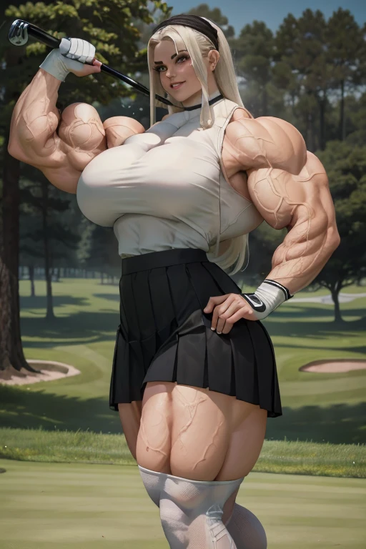 (((Close-up))), tall, (White hair) beautiful muscular female golfer, long straight hair, light brown skinned, large breast, closed smile, (black lipstick), (massive muscles), (hyper muscle), ((ginormous bulky muscles)), glowing blue eyes, (((white golf top))), (((long black pleated skirt))), (thigh high socks), choker, sneakers, in a golf course, 