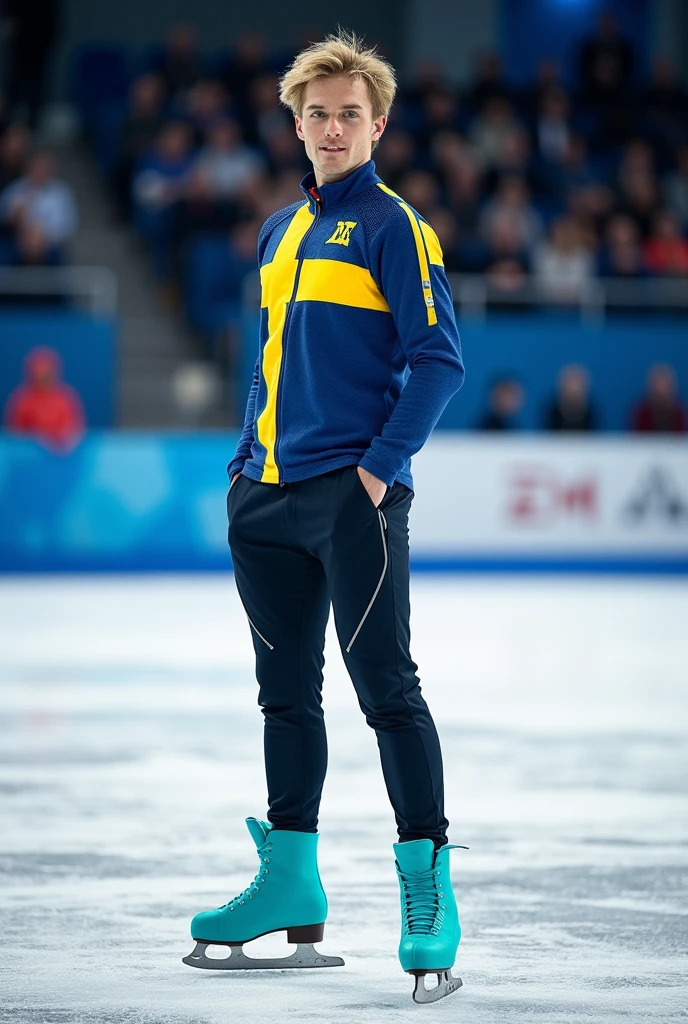 Draw a French national ice skating coach, young adult, blond,naughty man,pele caucasiana,greeneyes,turquoise ice skates, on the skating rink,wearing a coach's clothes and the Swedish flag