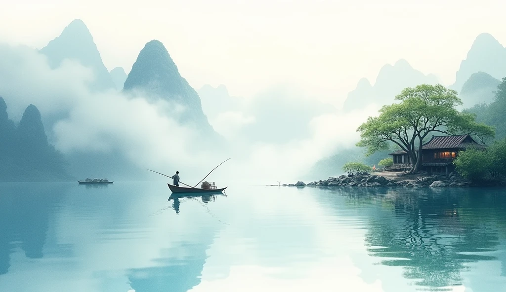 Light and delicate ink wash style of Chinese painting,Clear water,Clarity,White Space,Watercolor rendering,Light, ethereal white,Beautiful distant mountains+Light boat+Fisherman+Trees and tiled houses、.Soft background.More dreamy and ethereal atmosphere.Cover the screen.More obvious gradation.Bokeh effect