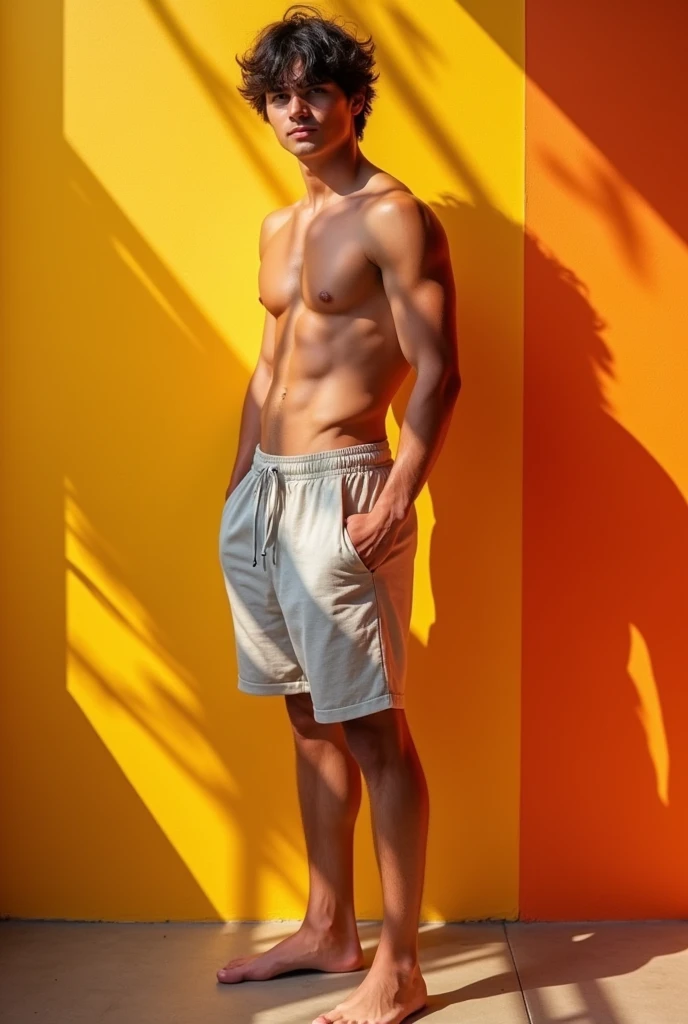 Handsome guy , young but dark-haired and a little muscular without a shirt , let your muscles be seen( not so muscular) ,a little sideways , Whole body , that you can see his legs and feet ,with shorts and that the drawing is realistic, that it has shadows and light , and that it has color
