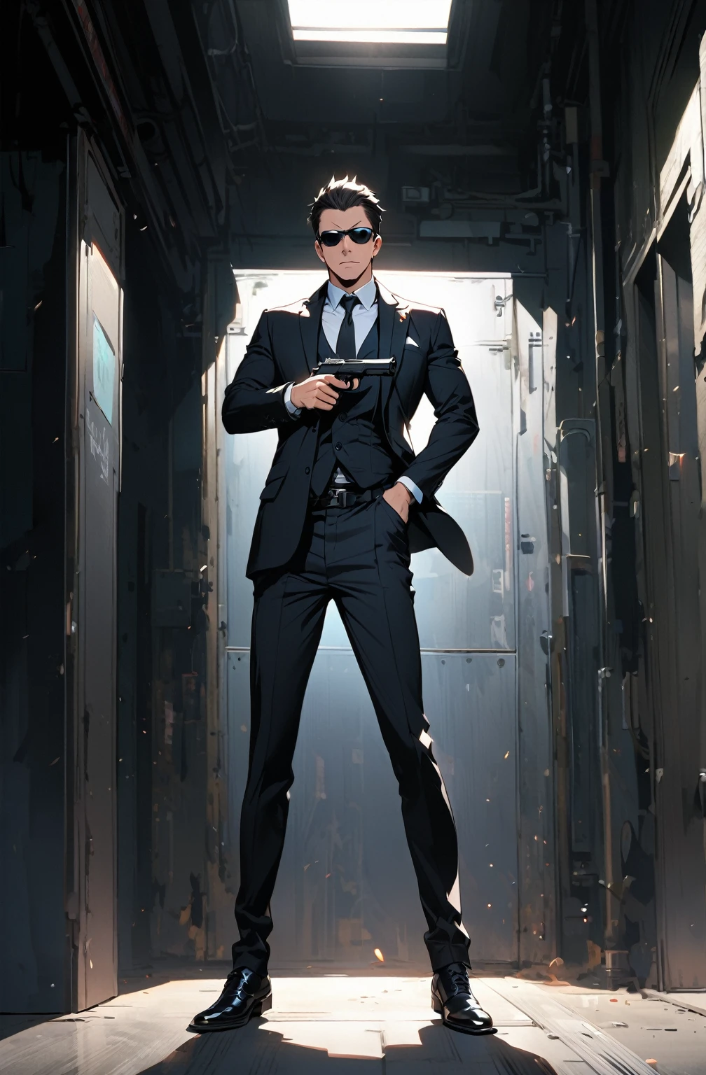 Black Suit,sunglasses,male,Agent,holding_handgun,full body,whole body,sword in his hands,