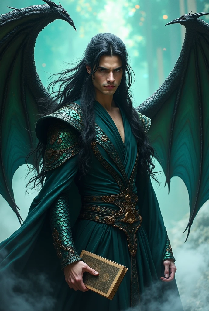 A man with black scales and a flamboyant dragon wing and long black hair, wearing clothes similar to those of the captains of the anime bleach looking forward and levitating a book in his right hand