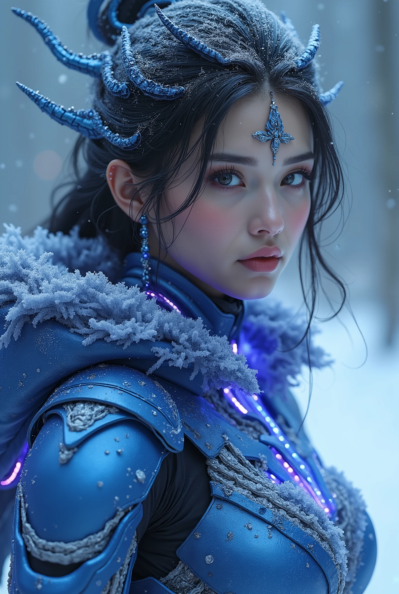 8k, masterpiece, RAW photo, best quality, detail:1.2, photorealistic, extremely detailed CG unity 8k wallpaper, Depth of field, Cinematic Light, Lens Flare, Ray tracing, (extremely beautiful face, beautiful lips, beautiful eyes), intricate detail face, ((ultra detailed skin)) 1girl, in the dark, deep shadow, Draw a masterpiece of art sexy goddess of holy winter, under the sign of the frosty phoenix. he is dressed in ancient biomechanics, an otherworldly exoskeleton, powered by the goddess's inner negative energy, an energy visible to the viewer. Ultra Instinct surrounded by Violet Aura and lightning full-body shot, 4k, 3D, rich colors, Draw moving icy, blue, black, natural ((living)) flames on the futuristic exoskeleton. This sexy outfit has (((many))) bold, sexy leaks that cause the water in the area to freeze rapidly. Draw ((((ice crystals)))) floating in the air and flying (((water bubbles ))). The cold blue and black((flames)) from the armor very quickly jumps to nearby (ice crystals) and jumps ((further)) and (((further))) trying to freeze the (water) droplets in the distance. Draw Bobino's companion flying the icy phoenix bird in a flood of icy terror.