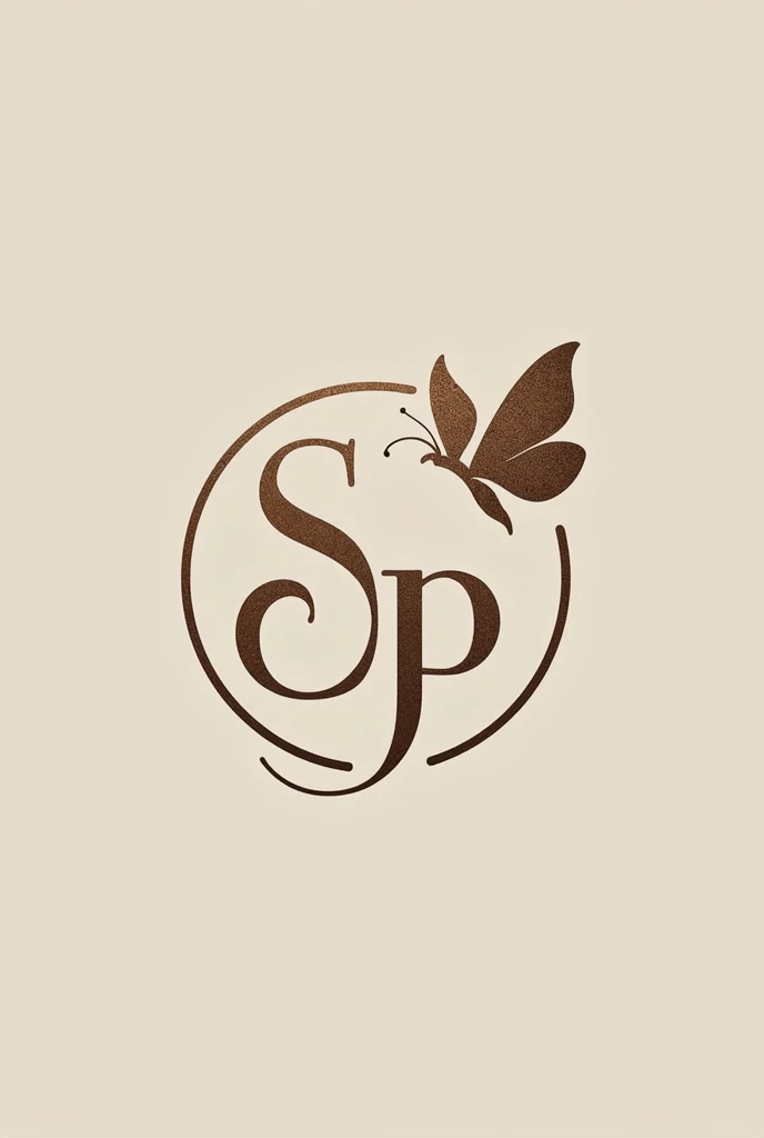 Logo for accessories, with neutral tones colors, combined with metallic color accents, with a Style: minimalist, elegant, con un diseño Monografico elegant con las inicipales SP junto a un circulo y complementado con una mariposa, but that this logo be versatile, memorable and legible
