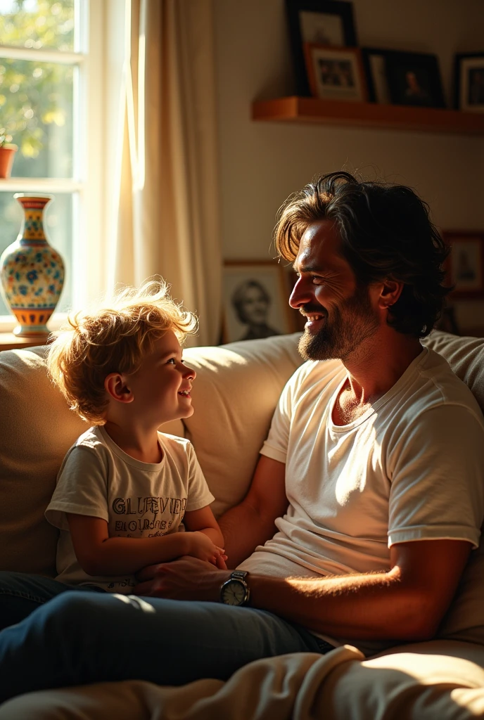 Generate an image of a Greek boy, blonde, who is at home with his father, a Greek man with dark hair, they talk
