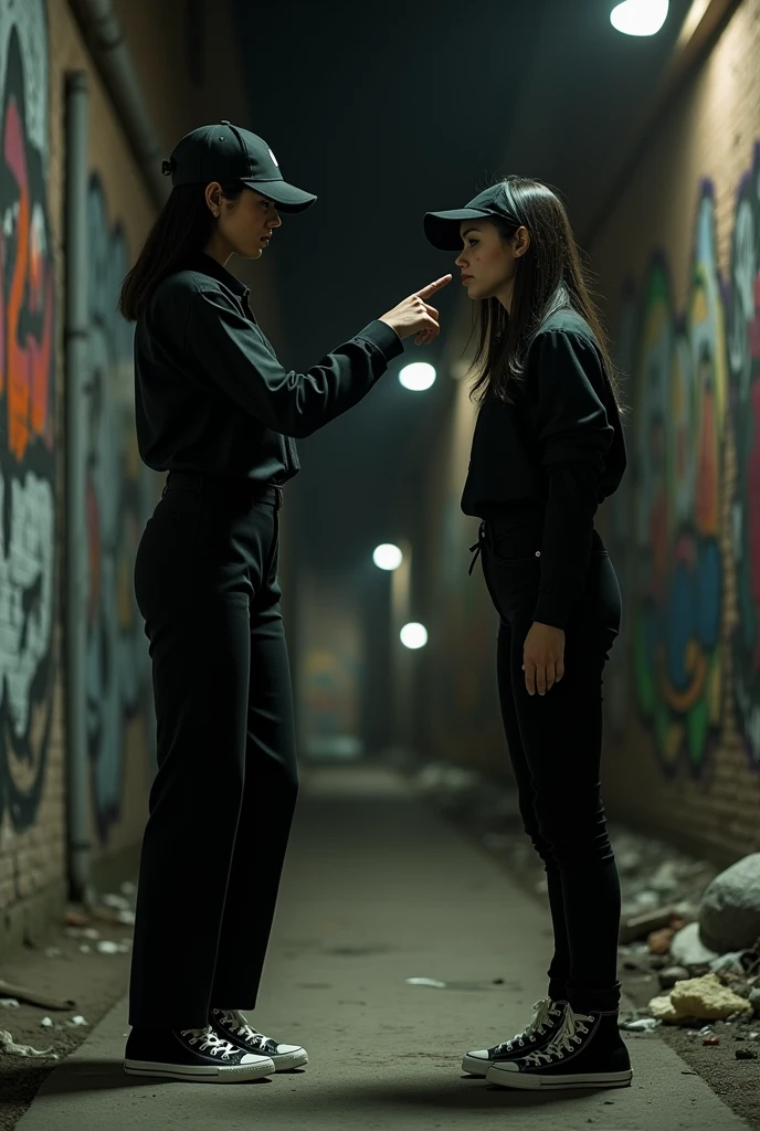A woman of 1,65 meters. with black hair. Black cap. blue colored eyes. Black long blouse. black pants. ALL star shoe. Bullying an obese woman. Pointing the finger in her face. With a laughing expression. And the obese woman With a sad expression. crying a lot.
