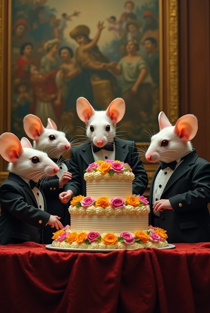 Several corrupt mice in formal attire looking at a cake and wishing to eat it, but they don't eat, all inside the Guatemalan congress