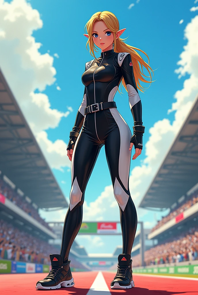 Fullbody princess Zelda in a hot onepiece short black white sport Racing Outfit white a Ponytail and overkness shoes