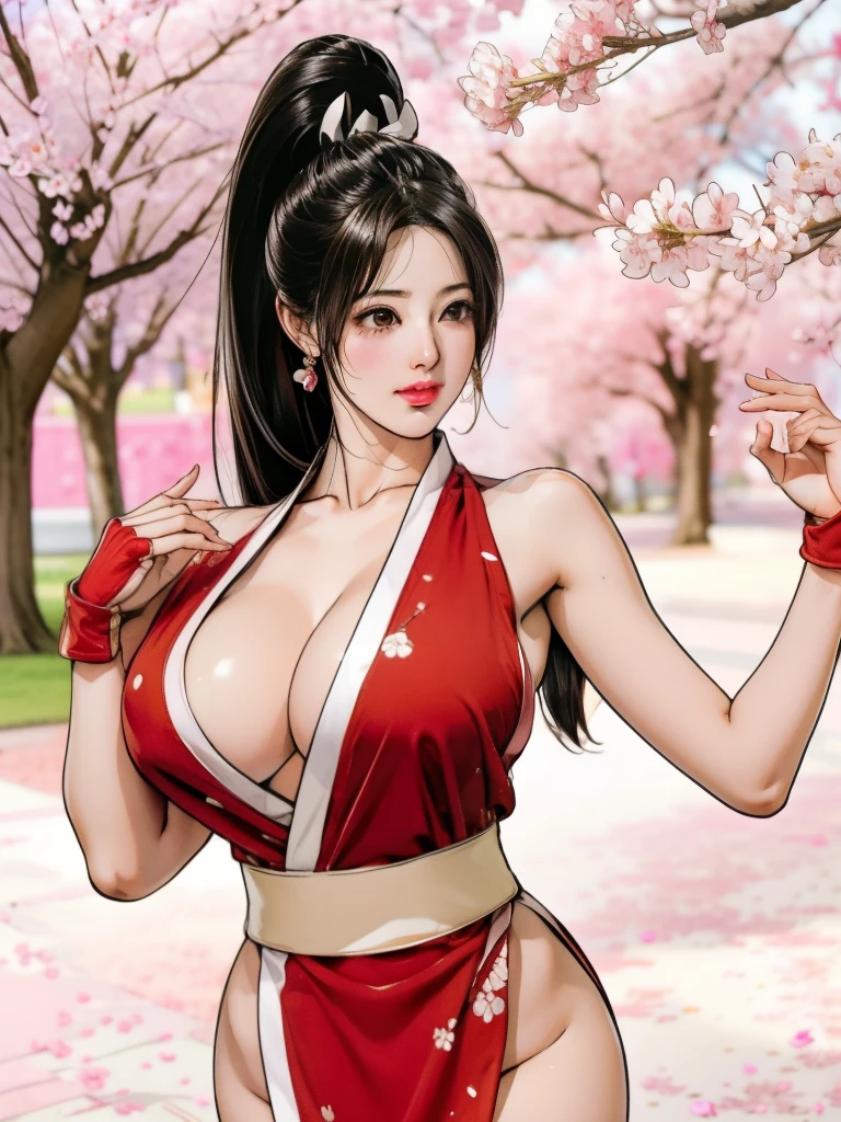 Japanese Beauty,Cherry Blossoms,Petals are just beginning to fall, In a park rich in nature、plant, (((Sexy姿势的杰作))), ((best quality)), ((complicated)), ((Surrealism)), Mature woman, Mature woman, , Very detailed, shape, mai Shiranui, ((Huge breasts)), Perfect hands, Finger details, beautiful eyes, ponytail,Brown eyes, (mai Shiranui suits:1.2), earrings, Long detailed background, Perfect eyes, Charming eyes, Looking at the audience, Rosy cheeks,Sexy,Cleavage,cute