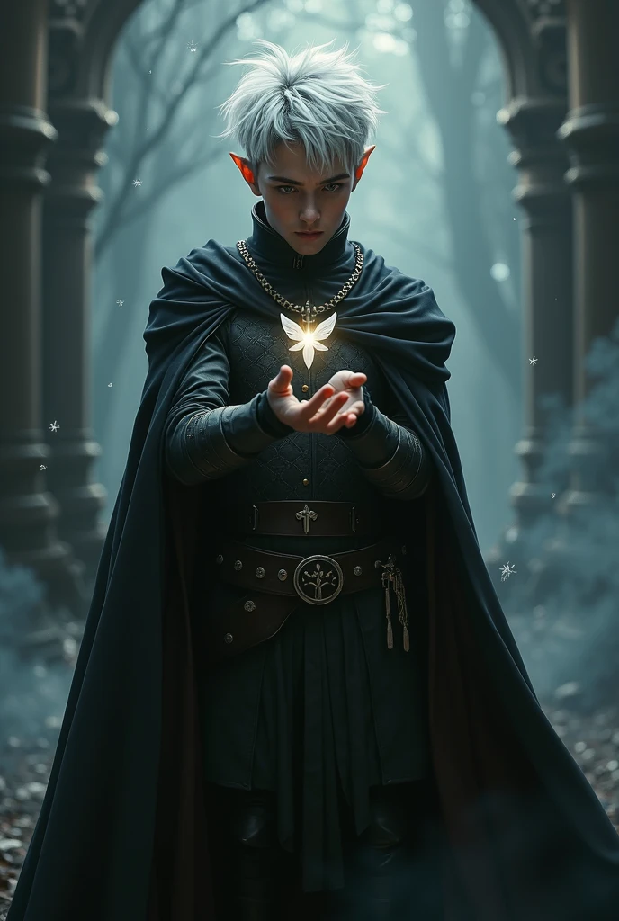 1 European man, half elf, with a shiny zelda-style fairy in her hands, intrikate, dark medieval leather armor with a cape, black leather boots, lowered, em uma floresta escura, White hair, Shag hair, detailed back ground, (work of art, high qualiy:1)
