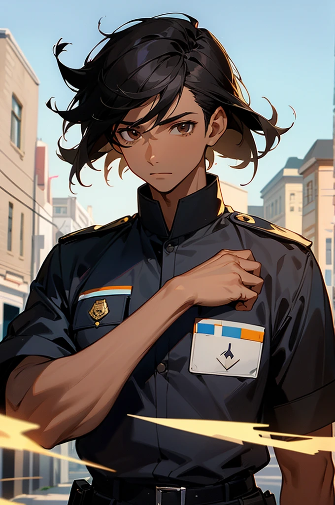 One, 1 man, black hair, Brown eyes, Police outfit, African American Skin Color, Town Background, Perfect Quality.