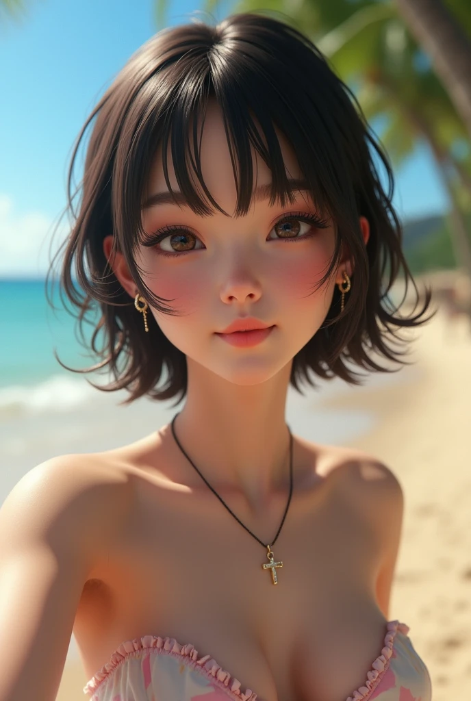 girl, White skin, ((Dark brown short tiered hair)), (Dark brown short hair),V cut with layers and bangs, Brown eyes, Soft atmosphere characteristics (Highest quality, Ultra-high resolution, 8k, RAW Photos, Ultra-high resolution: 1.2, masterpiece: 1.3), (Realistic, Realistic: 1.37), Very detailed, Professional Lighting, Photon Mapping, Radio City, 物理ベースレンダring, 一人のgirl, （high school ）, Sharp focus:1.2、Beautiful woman:1.4,cute, Nice,(Adorable smile:1.2), Normal chest, Cross Necklace、Earrings、ring,(Cleavage)、((( Bandeau bikini:1.2),(looking at the camera:1.2),Palm tree,Sandy Beach,At Waikiki Beach)(),(Selfie:1.1),