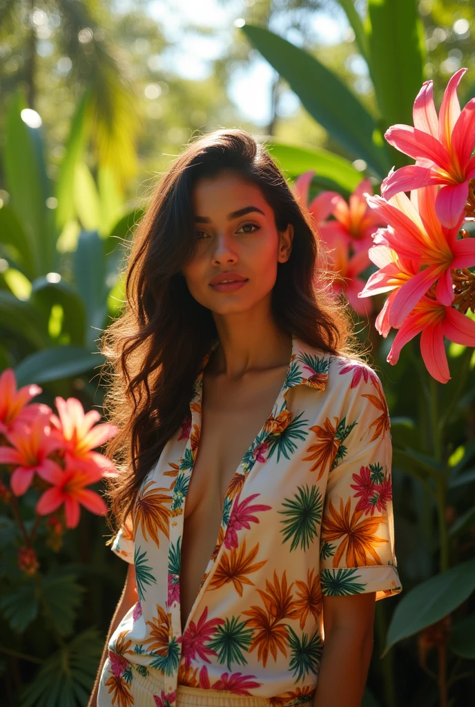 A Brazilian woman in a lush tropical garden, wearing an open shirt with a floral print, with a close-up capturing the harmonious beauty between her breasts and the natural flowers, showing off your natural charm and outgoing personality.