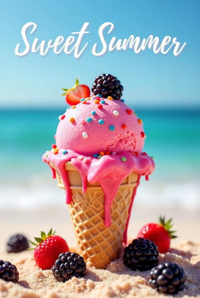 Create a pink, circular scoop of ice cream with strawberry sauce and colorful sprinkles on top. Place a cone beneath the ice cream.. Beach atmosphere with blackberry and strawberry fruits around the cone with the name sweet summer 