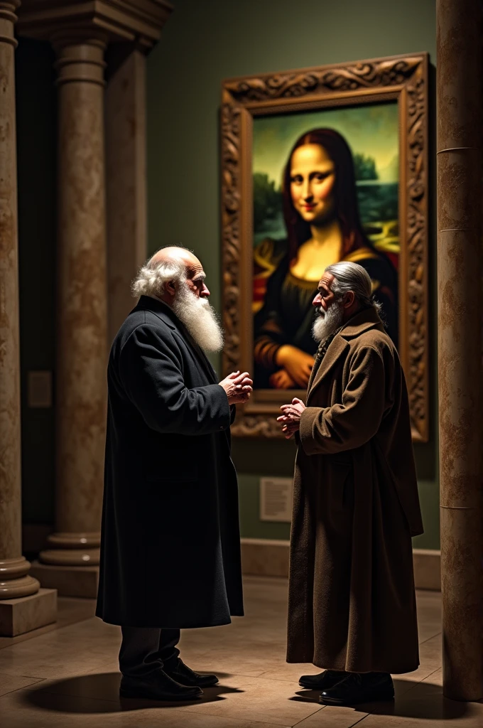 Charles Darwin and Arsuaga old man holding hands in a museum alone in front of the Mona Lisa 3D
