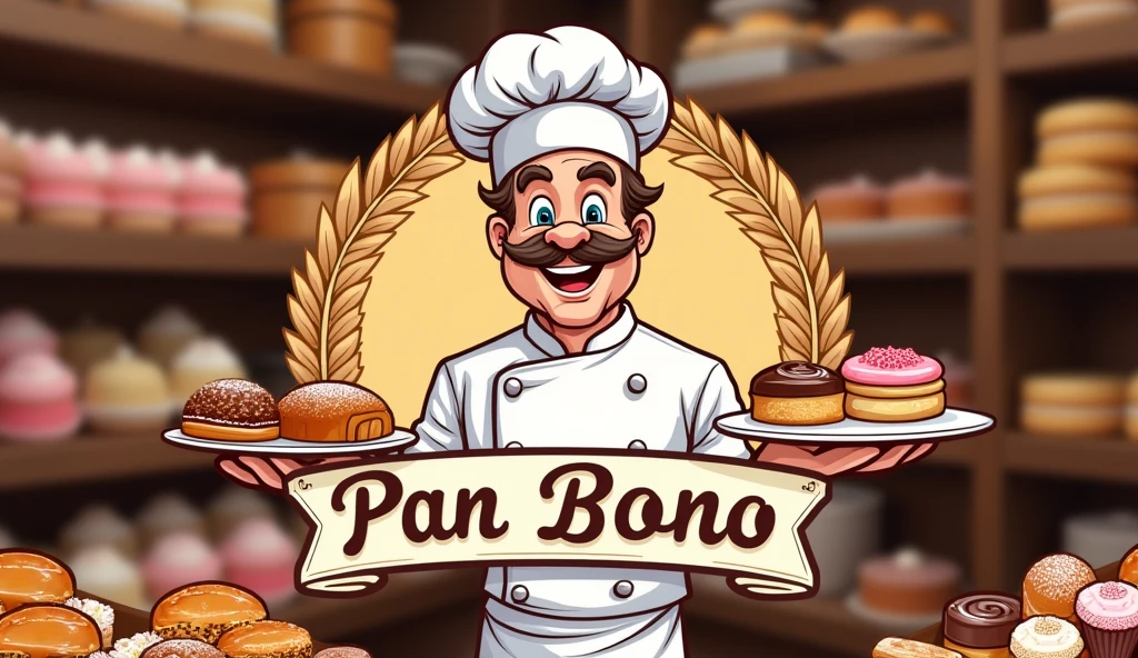 Create a logo with an Italian pastry chef and it says 'pan bono'