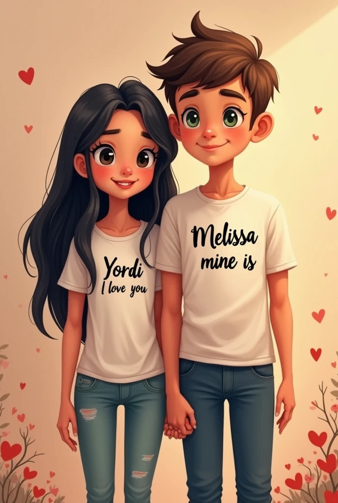 A married couple ) the skinny girl.long black hair, The girl&#39;s black eyes and her t-shirt that says Yordi I love you ). And the white boy a little chubby ,short light brown hair without volume, well combed with a little bangs and green eyes and her t-shirt that this writing Melissa mine is) . The couple are the same height and love each other very much. 