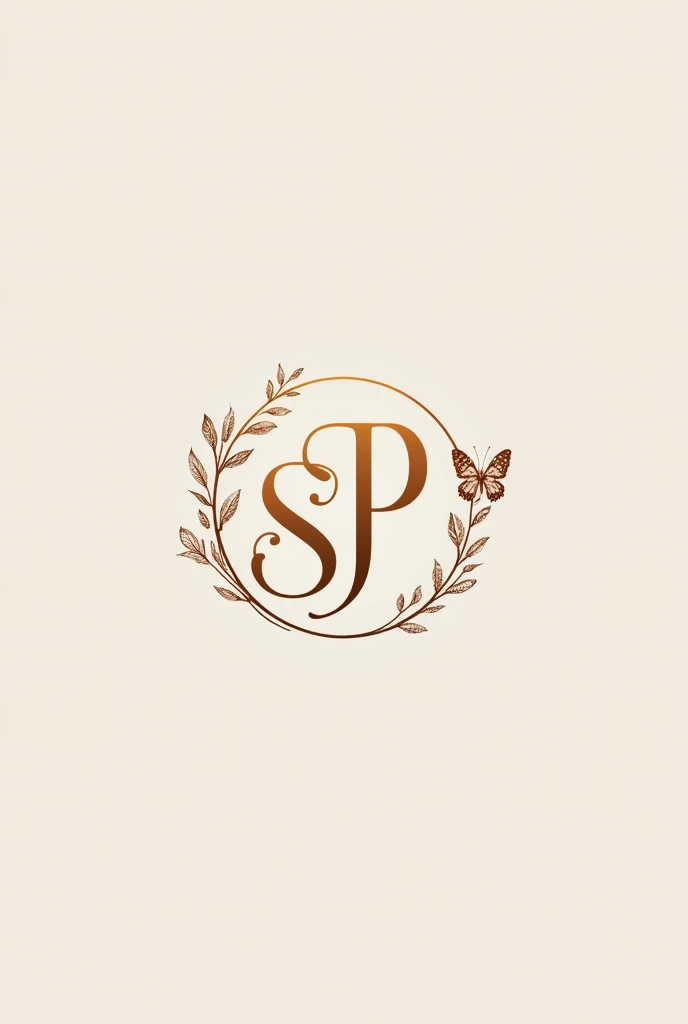 Logo for accessories, with neutral tones colors, combined with metallic color accents, with a Style: minimalist, elegant, con un diseño Monografico elegant con las inicipales SP junto a un circulo y complementado con una mariposa, but that this logo be versatile, memorable and legible