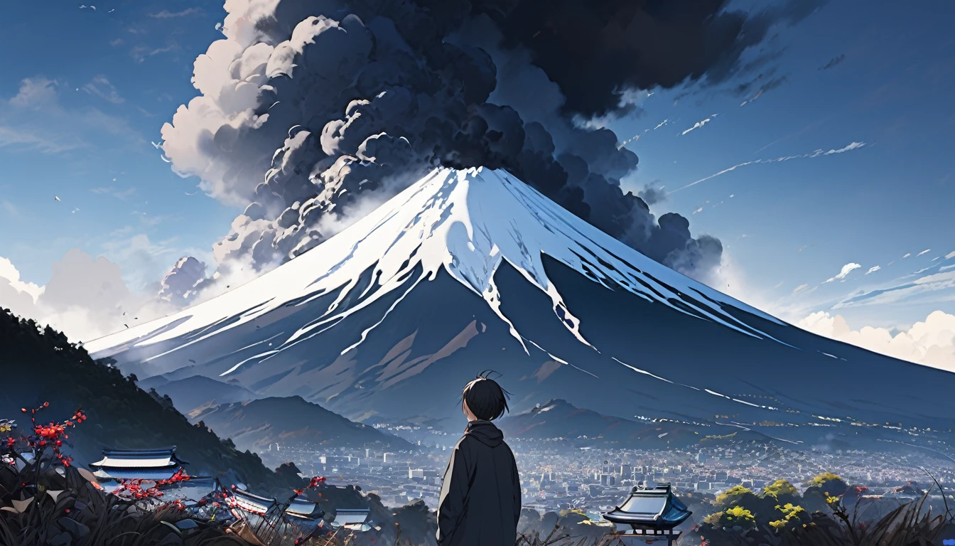 High definition、Masterpiece、Reality、Mt. Fuji eruption、Young people gazing from afar、Black smoke、The sky is dark、noon