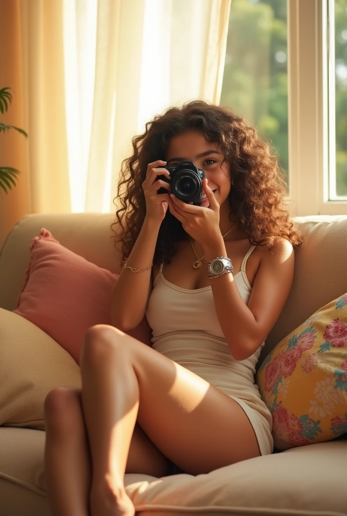 A brunette girl with curly hair and big breasts sits with her legs stretched out, taking a realistic photo