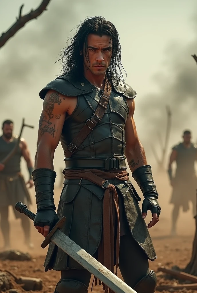 A warrior. He has intense black eyes and black hair cut in a mullet style. He wears Leather Armor that is not covered on his left arm.,In your right hand, He holds a long sword. His left arm is covered in cuts.