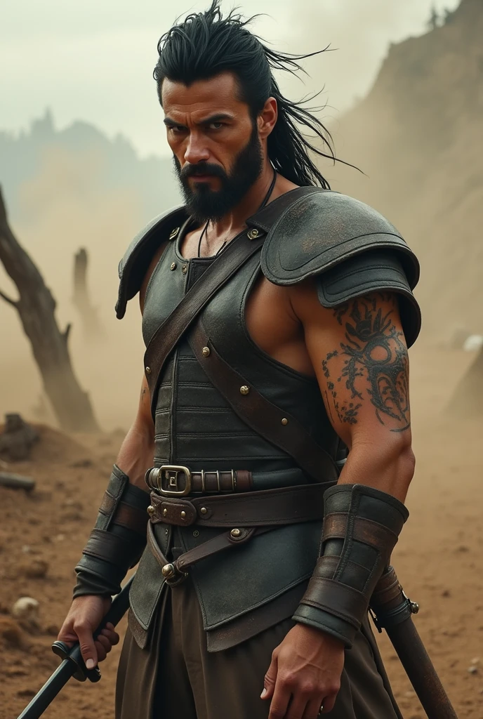 A warrior. He has intense black eyes and black hair cut in a mullet style. He wears Leather Armor that is not covered on his left arm.,In your right hand, He holds a long sword. His left arm is covered in cuts.