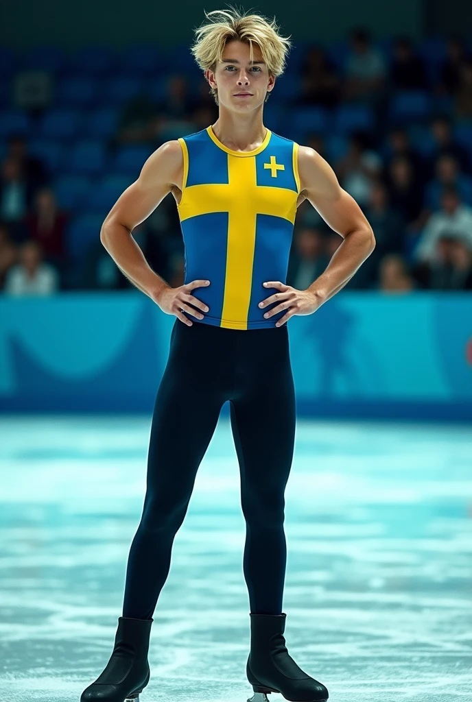 Draw a French national ice skating coach, young adult, blond,naughty man,pele caucasiana,greeneyes,turquoise ice skates, on the skating rink,wearing a coach's clothes and the Swedish flag