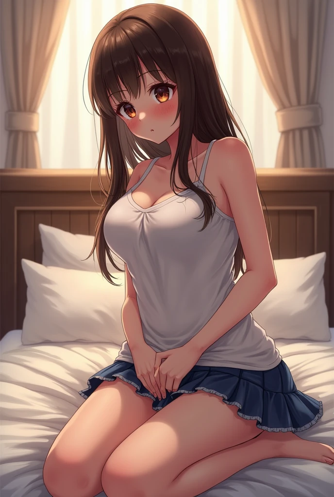 ((best quality)), ((masterpiece)), (detailed), 1 girl, in bed, girl is showing her thighs and peeing through her skirt, peeing her skirt, hand between her thighs, embarrassed, blushing in the face,
