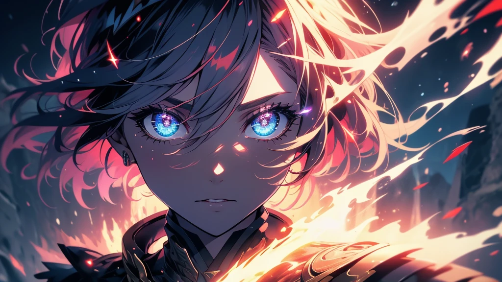 masterpiece, 1girl,, spell, mage, Dark Elf, scary, glow, particles, shining brightly eyes, stunning, spectral, snow, gorgeous, perfect face, expressive eyes, cute,Very beautiful big breasts,tatuados,8k,resolution,masterpiece,Highest quality,Intricate details,Very detailed,Clear focus,short hair、Volcanic areas、Lightning effect、Red mesh hair