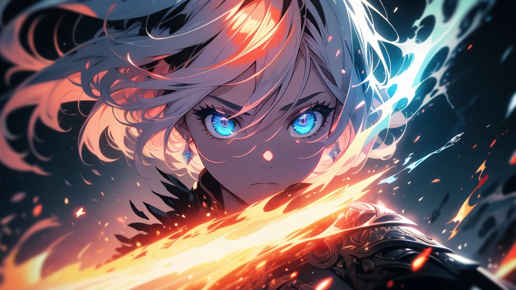 masterpiece, 1girl,, spell, mage, Dark Elf, scary, glow, particles, shining brightly eyes, stunning, spectral, snow, gorgeous, perfect face, expressive eyes, cute,Very beautiful big breasts,tatuados,8k,resolution,masterpiece,Highest quality,Intricate details,Very detailed,Clear focus,short hair、Volcanic areas、Lightning effect、Red mesh hair