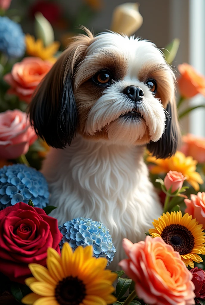 Realism of a Shih Tzu bust turning its head surrounded by flowers composed of roses, gerberras, Hydrangeas and sunflowers and calla lilies

More dense with flowers 