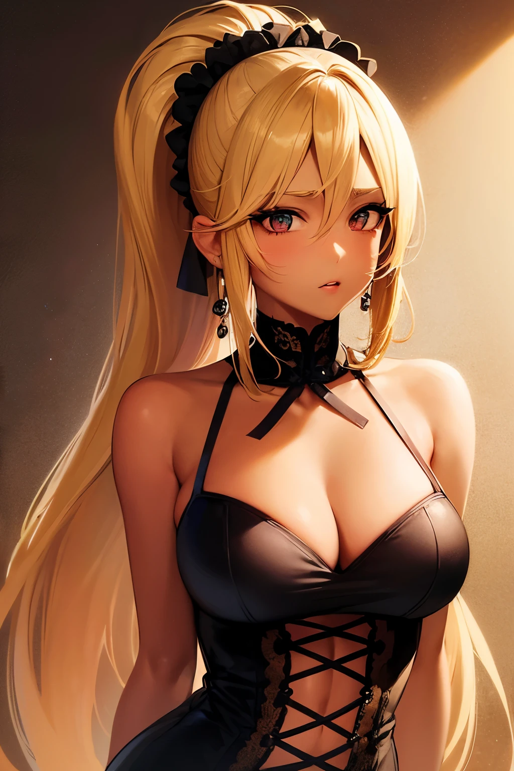 Beautiful blonde girl with high ponytail. It has a passionate and mature atmosphere. Esmeralda gypsy costume. Ribbon scrunchie. Draw the character in front. It has a s*xy and cool atmosphere. Attractive brown skin. face Portrait. gypcy girl. lightly tanned skin. face portrait. look like a grown-up.