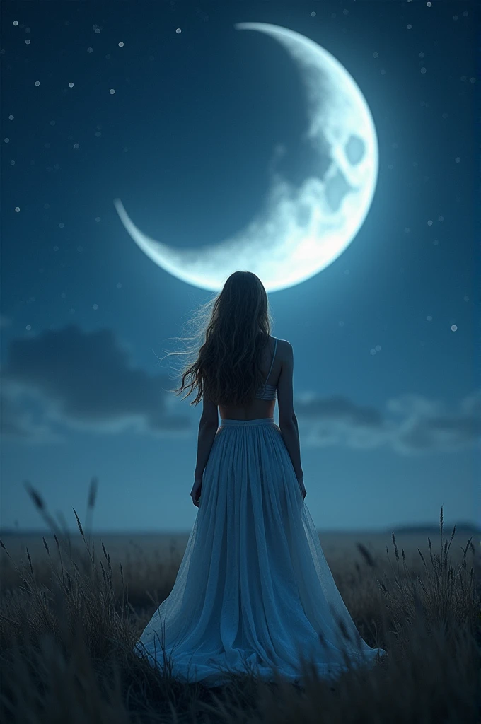 Imagine Laura in a night scene with the moon in the background. Laura may be in an open field, with the full or crescent moon large and bright in the sky above her. The soft glow of the moon illuminates Laura, highlighting her in a tranquil setting.She may be wearing flowing clothes that reflect the silvery light of the moon, and her hair may be flowing in the wind. Add some stars in the sky for a magical touch.
