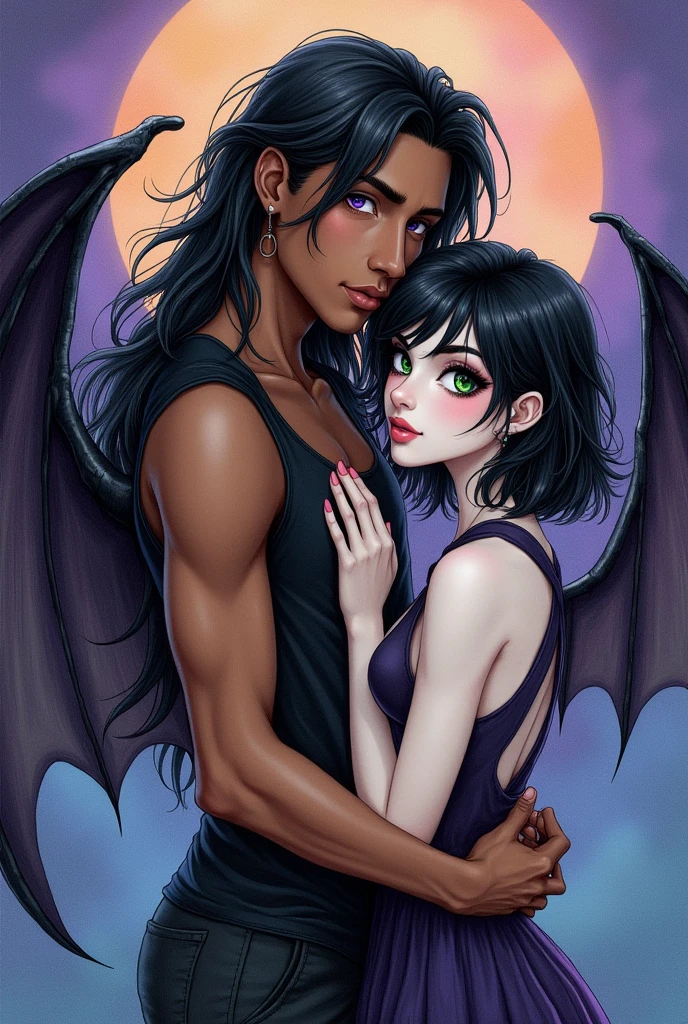 Colored pencil drawing of a couple.
A brown-skinned man with violet eyes and a pair of giant bat wings, tall and with black hair. A white-skinned woman, green eyes and short black hair with a fringe over his forehead that has a white streak