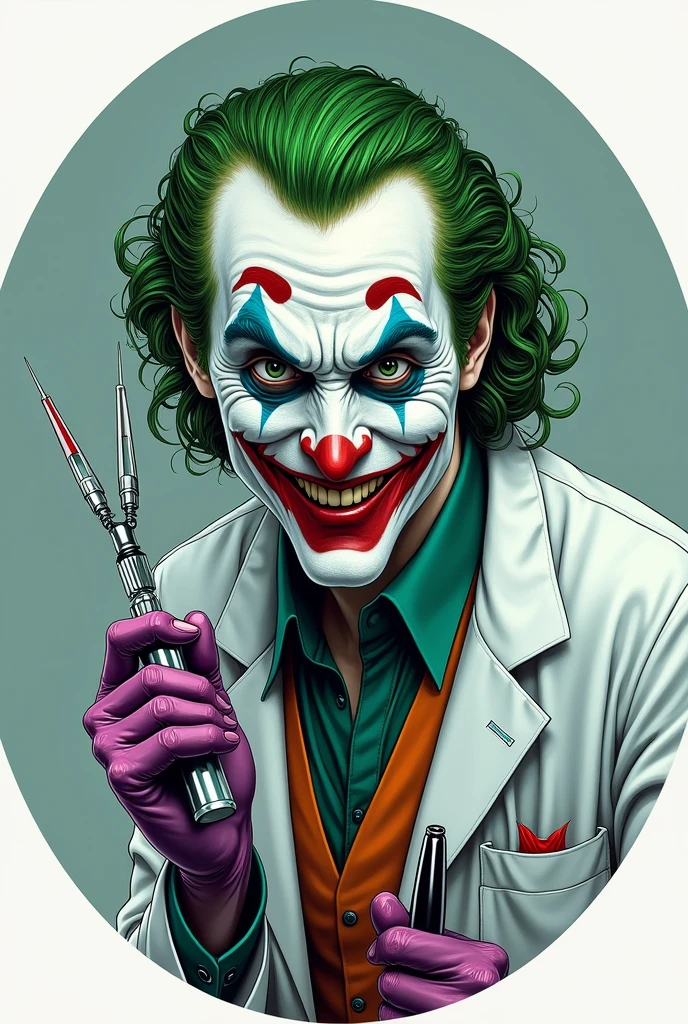 Create an image of the Joker as he appears in the comics, showing half of his body wearing a lab coat, holding a dentist's pliers in one hand and a needle in the other, with a smile on his face, but friendly, with no background behind him, in the form of a circle.