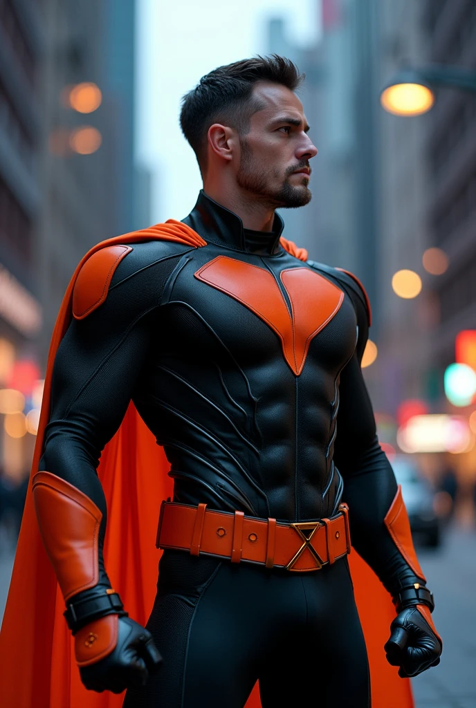 Full body view of a male superhero. Black and orange costume. No logo or cape. Realistic, photographic style.