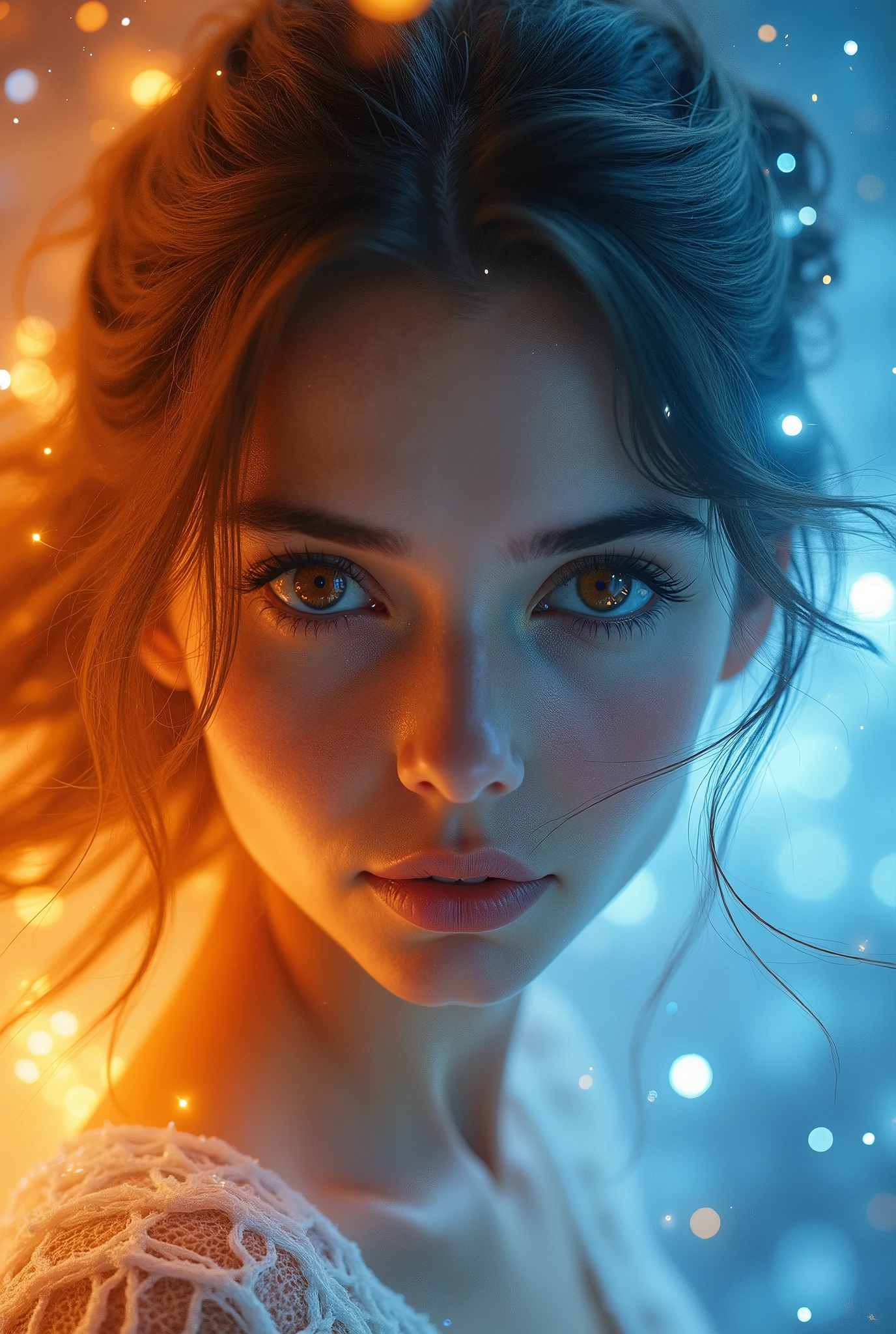 (absurd quality,16k,highres,masterpiece:1.2), ultra details,UHD,(photorealistic Realism 16K Quality), (ultra absurd quality, extremely detailed detail, hyper resolution, clear sharp focus, not blurry, Realistic brown_eyes:1.35), (perfect dark_eyeshadows),Depth of field, cinematic light, Lens flare, dslr, best high quality soft lighting, sharp focus captured by Fujifilm XT3, f 5.6, in a dramatic lighting, ((view the viewer:1.3)), An incomprehensible and spectacular scene from a glowing cloud, A elemental girl [fire:ice:0.5], (orange fire and blue ice eyes), (fire and ice face), 3D, rich colors, (no human:1.5), (dynamic face), filaments of fractal nebula, Cosmic entities, celestial, Space, Bright and bright, Turns, whirling, unreal, high contrast, symbolic, Magic, mysticistic, Mystification, Hyper-realistic, oversaturated, Colorful