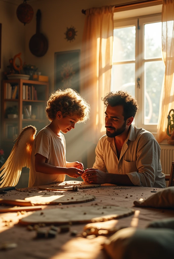 Generate an image of a Greek boy, blonde, who is at home with his father, a Greek man with dark hair, They are creating a pair of wings. 