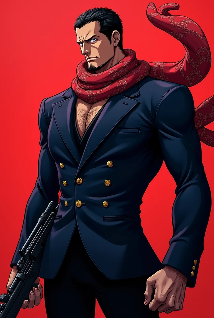 Create an image of the One Piece character Katakuri holding an AK47 with a red background