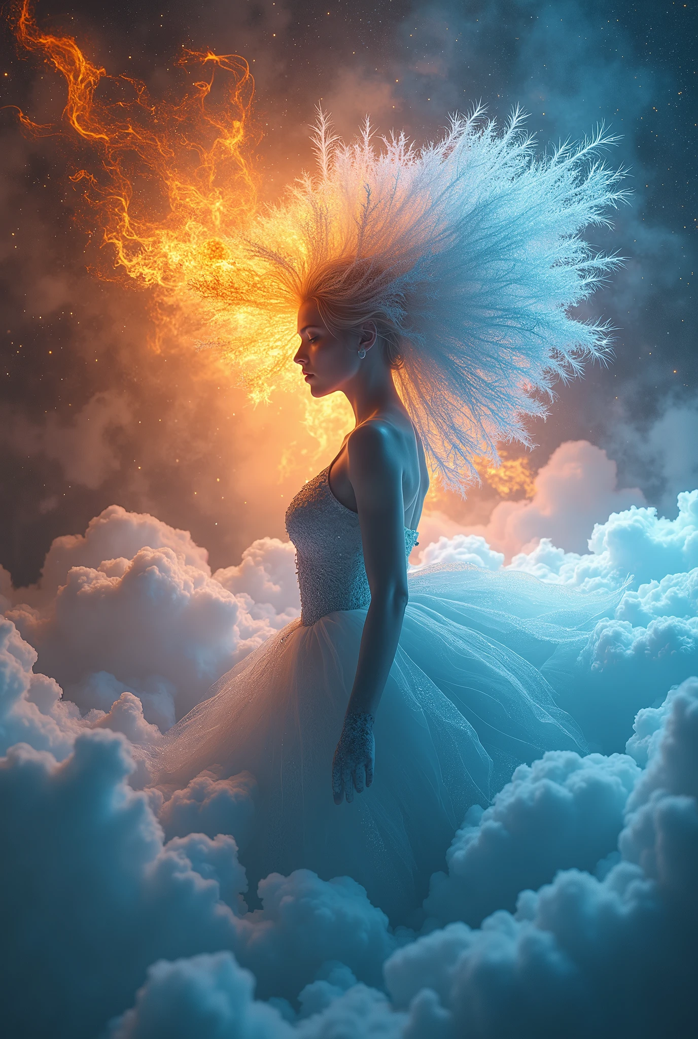 An incomprehensible and spectacular scene from a glowing cloud, A elemental girl [fire:ice:0.5], (orange fire and blue ice eyes), (fire and ice face), 3D, rich colors, (no human:1.5), (dynamic face), filaments of fractal nebula, Cosmic entities, celestial, Space, Bright and bright, Turns, whirling, unreal, high contrast, symbolic, Magic, mysticistic, Mystification, Hyper-realistic, oversaturated, Colorful
