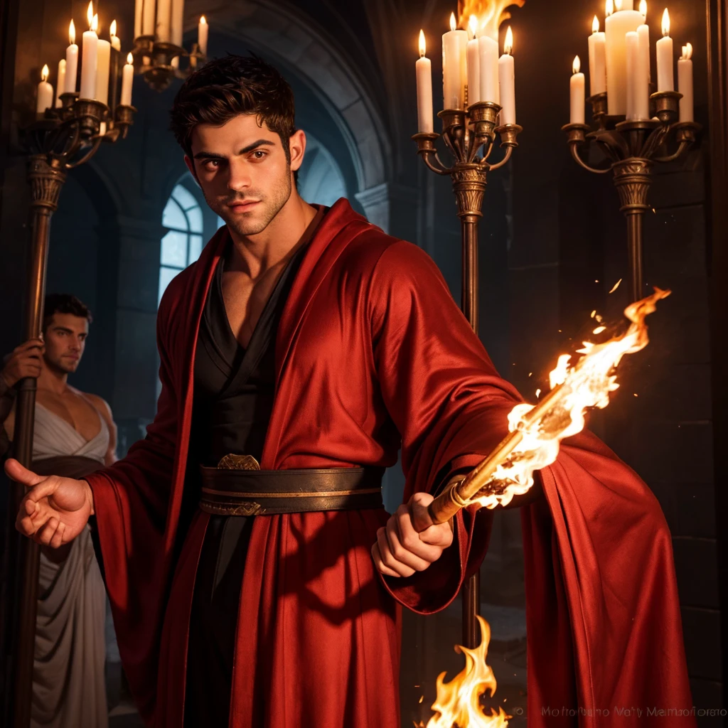 a muscular handsome wizard, solo, 1 man, (face:Matthew Daddario), extremely detailed face, perfect face, short hairstyle, looking at the viewer romantically, fiery red robe, black pants, ruby crystal wand in his hand, sexy look, wizard hat, smooth skin, doing fire magic, 