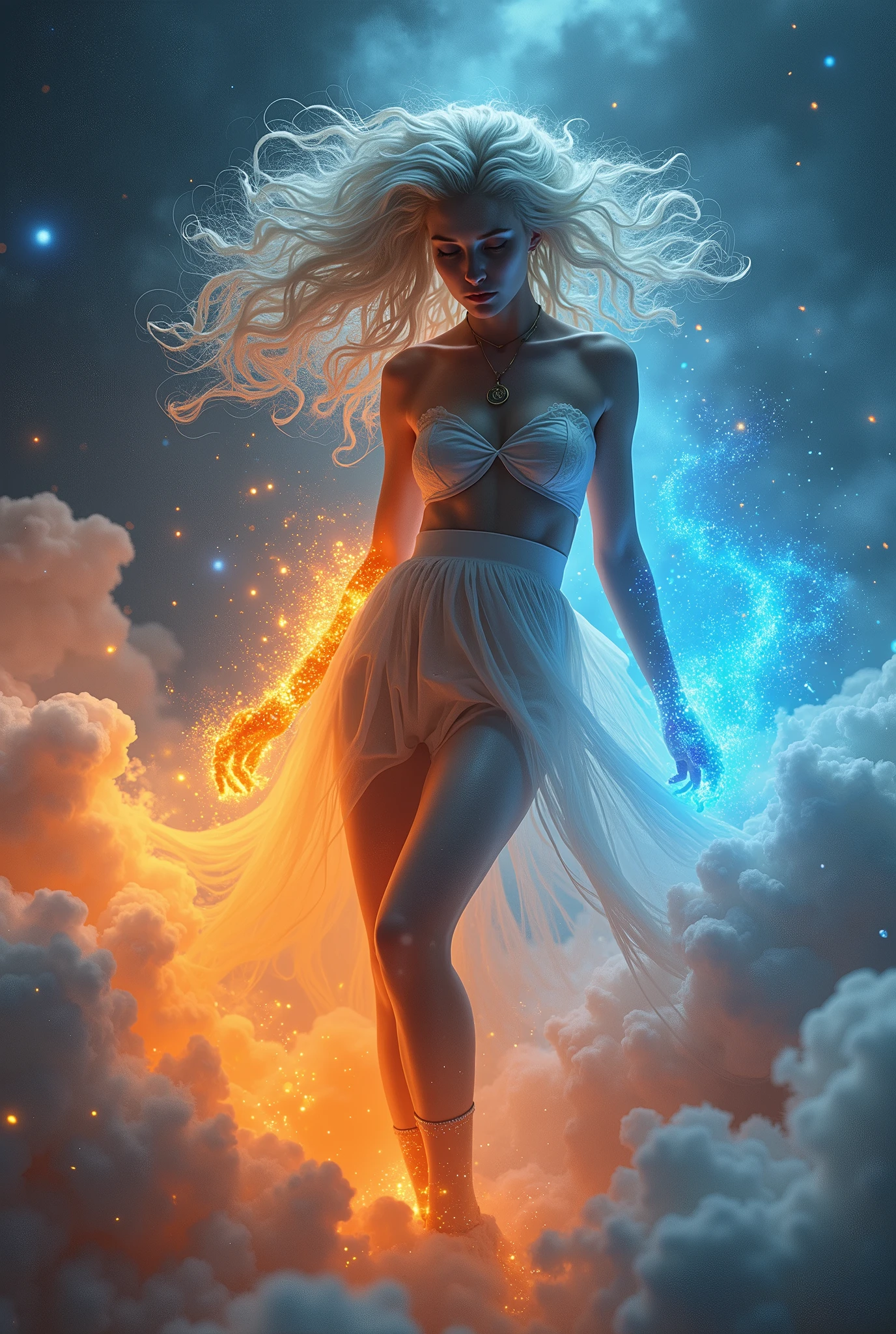 An incomprehensible and spectacular scene from a glowing cloud, A elemental girl, [fire:ice:0.5], (orange fire and blue ice eyes:1.3), (fire and ice face:1.3), 3D, rich colors, (no human:1.5), medium breasts, (dynamic face), filaments of fractal nebula, Cosmic entities, celestial, Space, Bright and bright, Turns, whirling, unreal, high contrast, symbolic, Magic, mysticistic, Mystification, Hyper-realistic, oversaturated, Colorful, [[[extremely detailed artgerm]]], [optical illusion], Fujicolor, cinematic lighting], silver curls, storm, vibrant, sunlit, (edge detection:1.3), absurdres, impressive, 120mm, outlining, wide thighs, luminous, glittering, reflections, lights, sky, 360 View, psychodeliczn