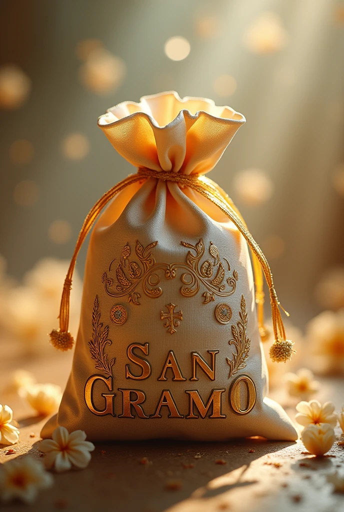 A figure of adoration. Similar to a virgin but instead of a virgin, be a one-gram bag. It has a title on the front below a golden ribbon. the title is: San Gramo