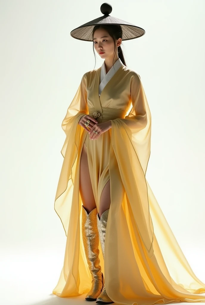 korean girl wearing golden tradional joson clothes of old korea and samurai hat , posing for photo , cinematic , white background , rings , high boots , full body
