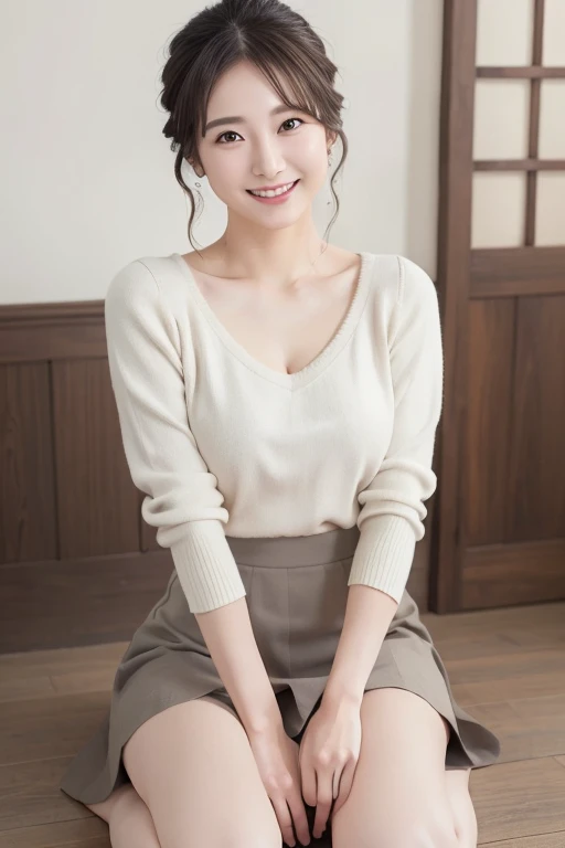 masterpiece、High resolution、Photo quality、Realistic、Beautiful Japanese Woman、Mature Woman、sexy、Lightweight sweater、Cotton tight skirt、Beautiful chest、smile、round face、Above the knee、Updo、