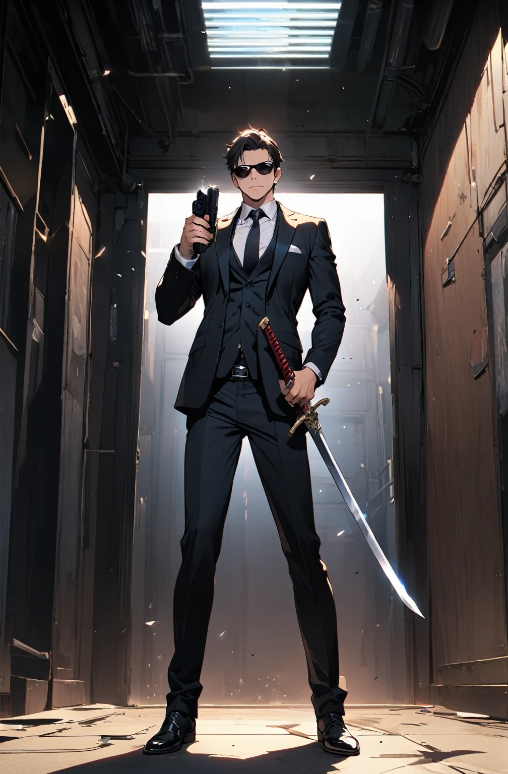 Black Suit,sunglasses,male,Agent,holding_handgun,full body,whole body,sword in his hands,