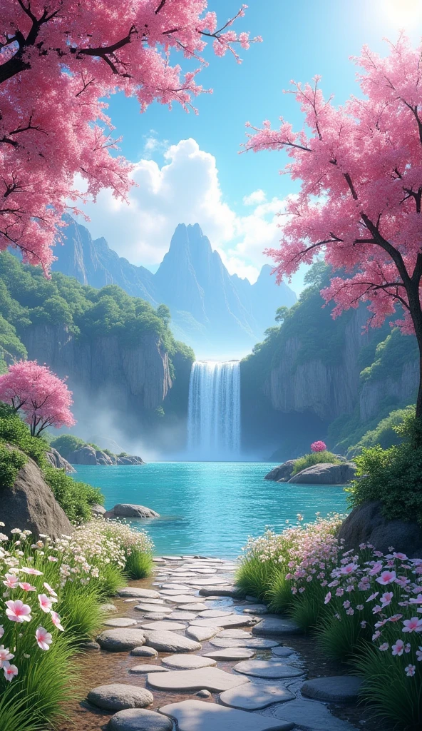 Stunningly realistic 8k full HD passage with a clear blue sky, waterfall with small stones , pink and white flowers and flowers