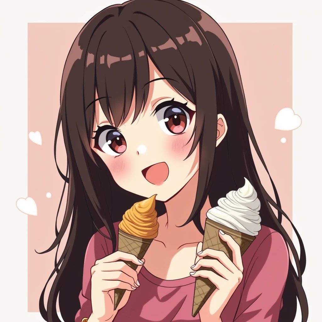 Girl long dark brown hair, dark brown eyes, clear skin, long lashes, wearing lipgloss, slim, in jjk anime art style no bangs, normal features, laughing while eating icecream