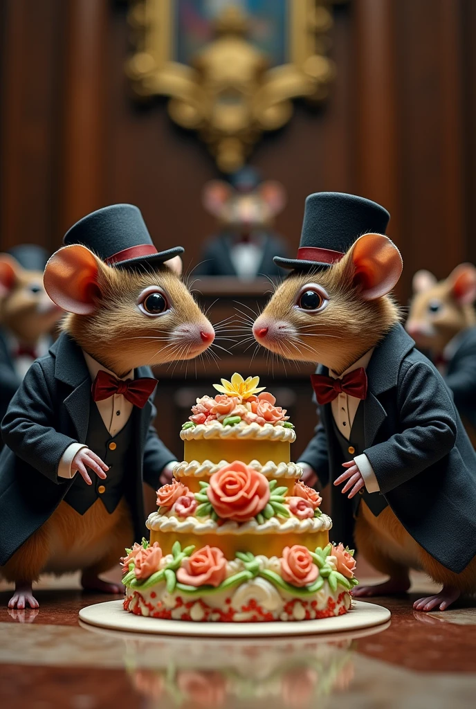 Several corrupt mice in formal attire looking at a cake and wishing to eat it, but they don't eat, all inside the Guatemalan congress