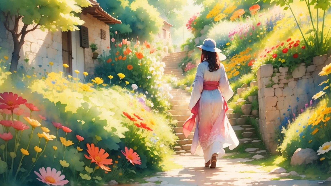 water color art, a woman walking in the garden, Dreams and reality are intertwined. The air is filled with the intoxicating fragrance of flowers, Symphony of exquisite perfume. The flowers seem to liberate the soul, Their essence mingles with the fragrant breeze that caresses the skin.